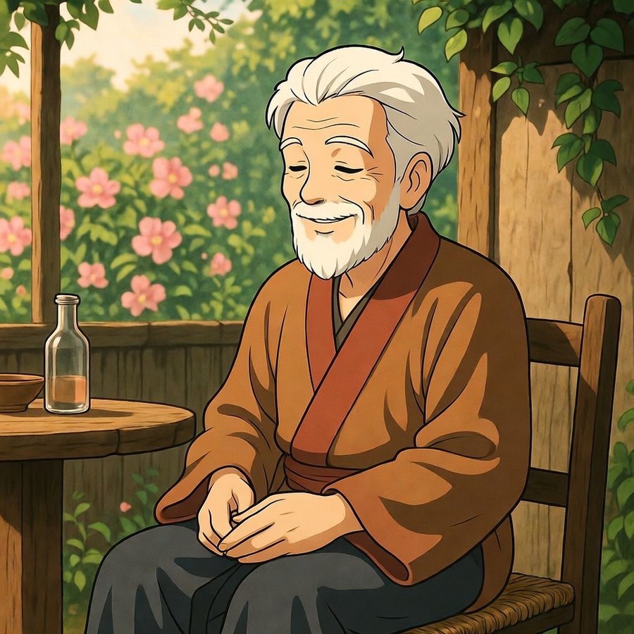An elderly man reflecting peacefully in a warm garden